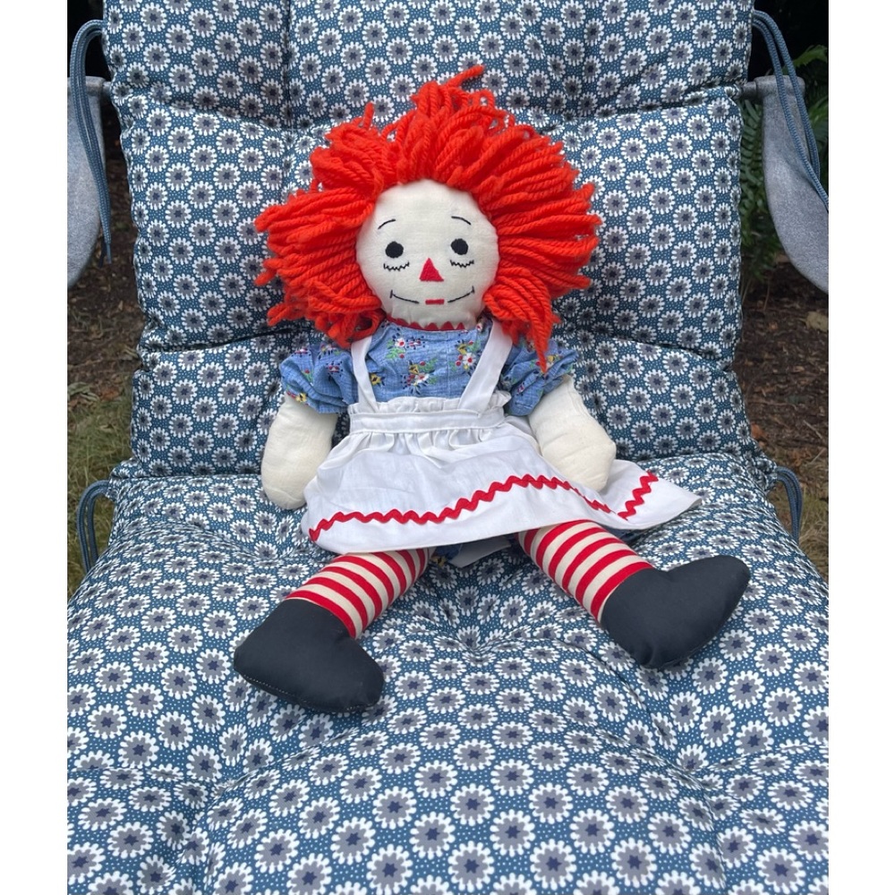 Vintage Raggedy Ann Doll with White Smock and Blue Dress, Optional Free Scarf
